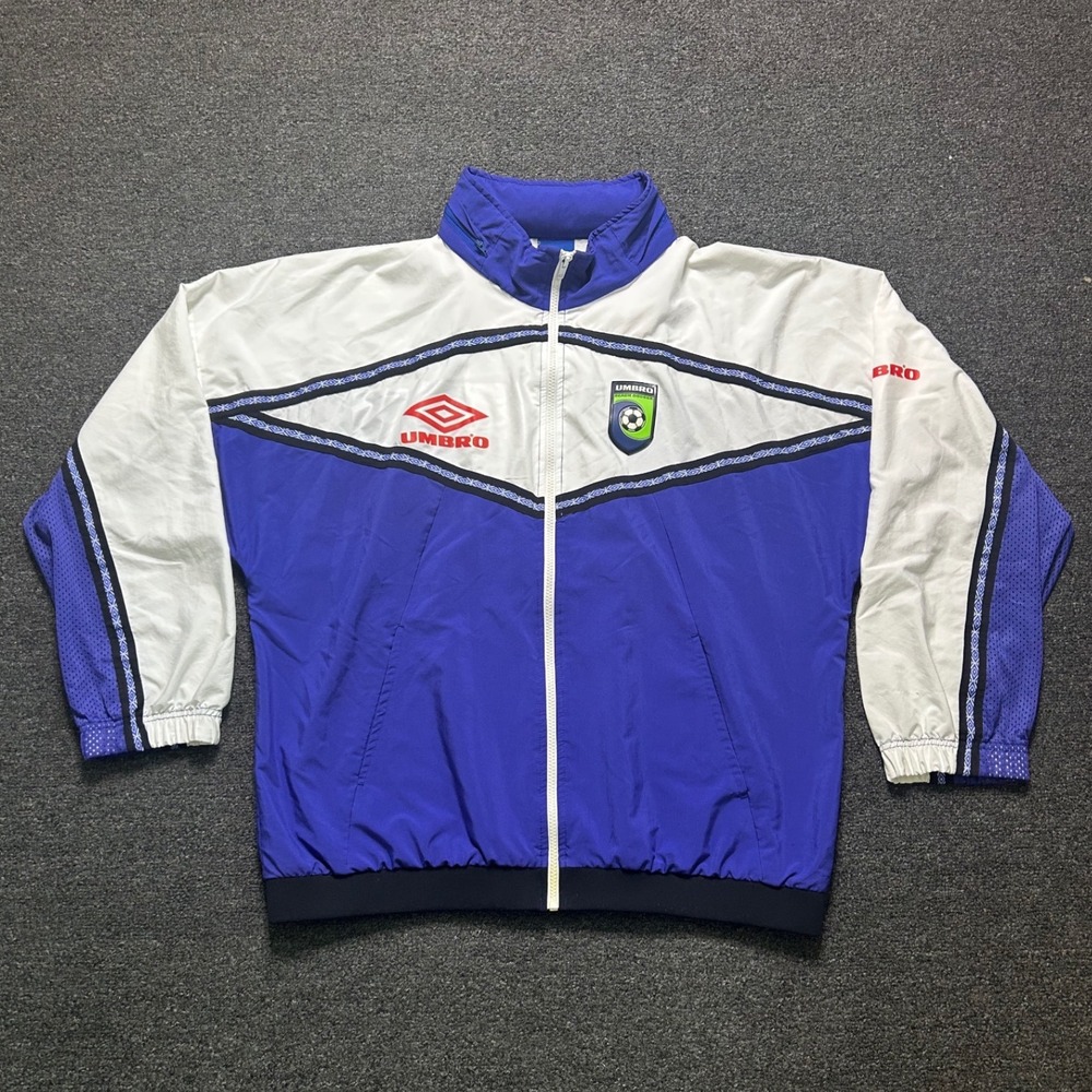 Vintage Umbro Beach Soccer Windbreaker Jacket Blue White Mens XL Hooded Zip USA